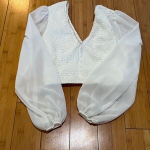 Vici White Textured Blouse with Sheer Sleeves